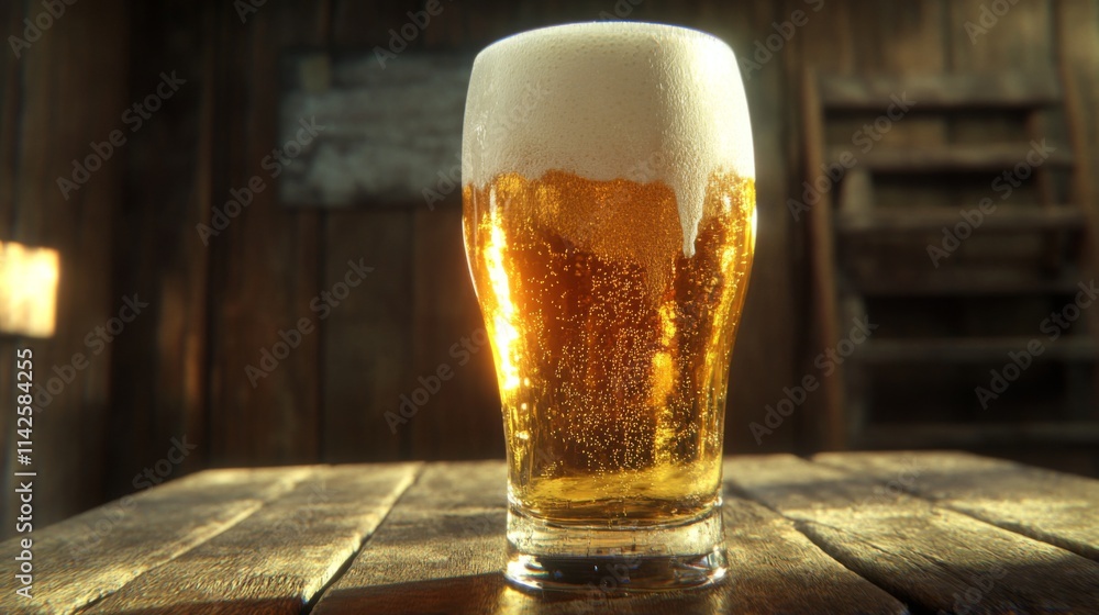 Poster refreshing golden beer with foam in rustic pub setting