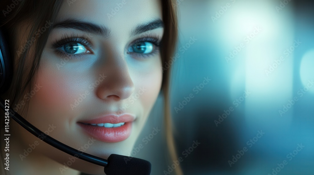 Poster bright-eyed customer service representative engaged in a conversation while working in a modern offi