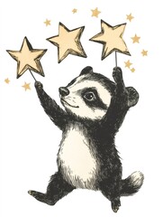 Vintage hand-drawn christmas sticker of a cute badger holding three golden stars, perfect for festive projects and designs