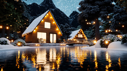 Fototapeta premium serene winter scene featuring cozy wooden cabins by snowy lake, illuminated by warm lights, surrounded by mountains and trees
