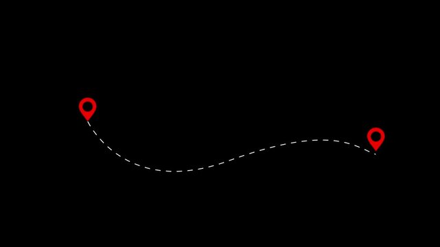 Dashed line curving across, connecting two red location pin icons. Route between two points navigation, journey, travel, mapping technology, logistics, direction Location pointer GPS navigation