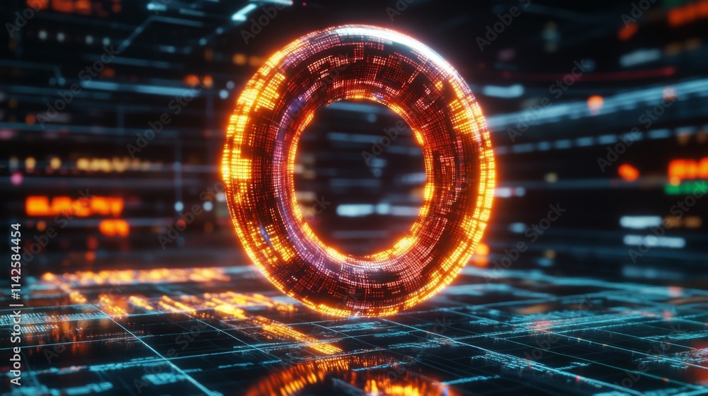Poster futuristic digital sphere with glowing components in data environment