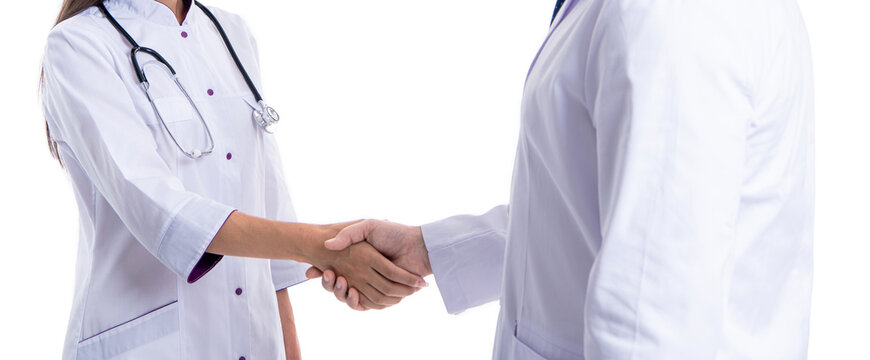 promotion deal in medicine. doctor handshake with nurse. healthcare insurance deal. medicine and healthcare. medical deal between two colleague isolated on white. Deal making process