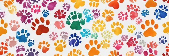 Obraz premium Seamless pattern of colorful dog paw prints on a white background, animal shelter, playful, rainbow