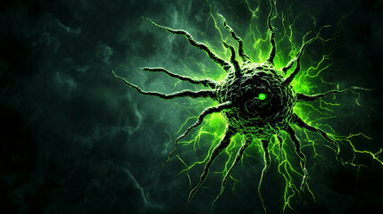 Digital virus structure glowing with bioluminescent green light, creating eerie atmosphere