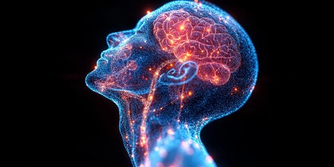 Visual of a human head highlighting glowing neural connections and brain activity