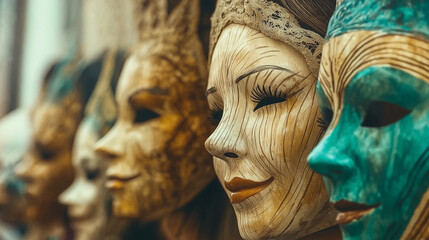 Colorful masks are prominently displayed at Brazil\'s carnival, showcasing intricate designs and festive artistry. This lively event attracts thousands, celebrating culture and music