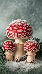 Obraz premium Festive Scene with Red and White Mushrooms in Snow