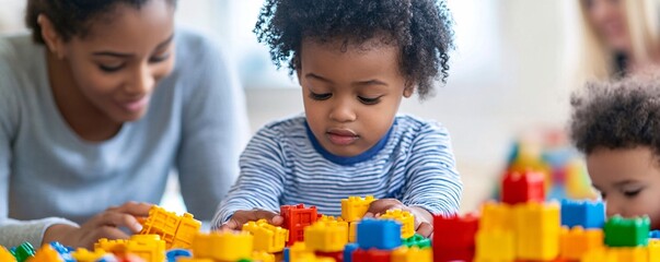 Happy family playing with colorful building blocks