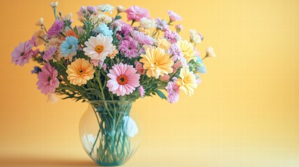 Fototapeta premium A vase of mixed pastel flowers on a pastel yellow background