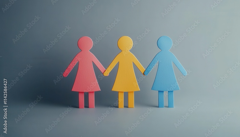 Poster three colorful paper dolls holding hands in a simplistic design showcasing friendship and unity amon