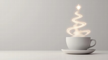 Christmas tree created by coffee steam rising from a white cup, clean white background
