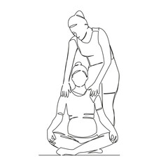 One continuous single drawing line art flat doodle Yoga instructor doing lotus pose to pregnant woman, sport pregnancy, stretching. Isolated image hand draw contour on a white background, hand drawn, 