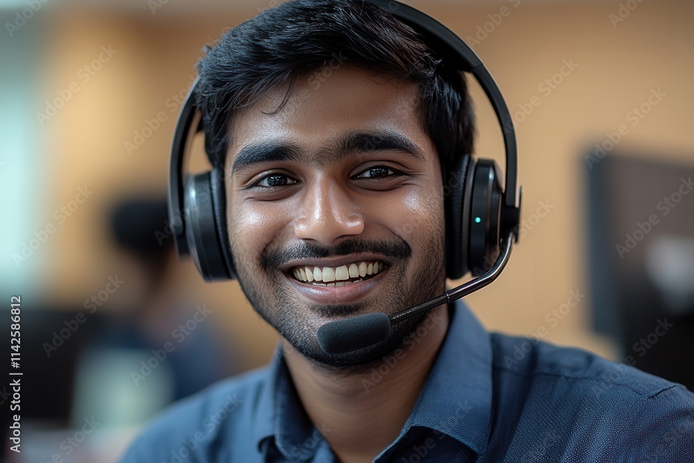 Poster customer service representative smiling while assisting clients at an office during working hours