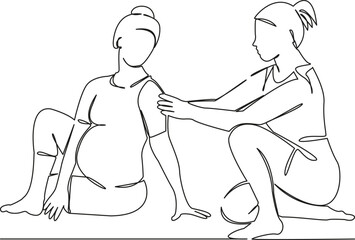 One continuous single drawing line art flat doodle Yoga instructor doing Bharadvajasana pose to pregnant woman, yoga, sport, pregnancy, expectation. Isolated image hand draw contour on a white backgro