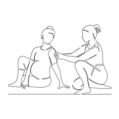 One continuous single drawing line art flat doodle Yoga instructor doing Bharadvajasana pose to pregnant woman, yoga, sport, pregnancy, expectation. Isolated image hand draw contour on a white backgro
