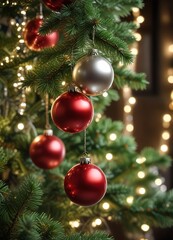 Shiny baubles hanging on a Christmas tree with blurry lights creating a magical atmosphere, festive ambiance, holiday cheer