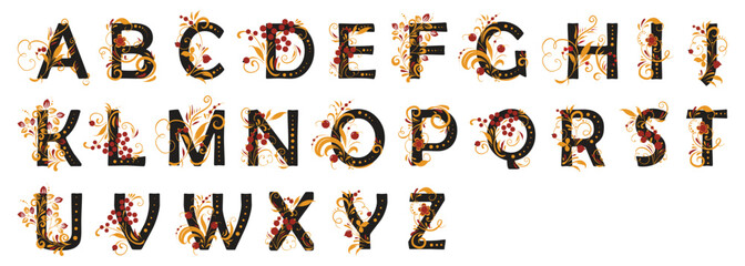 The alphabet with beautiful curls in the old Russian style. Traditional Russian floral motifs. For monogram, invitations, wedding, decoration.