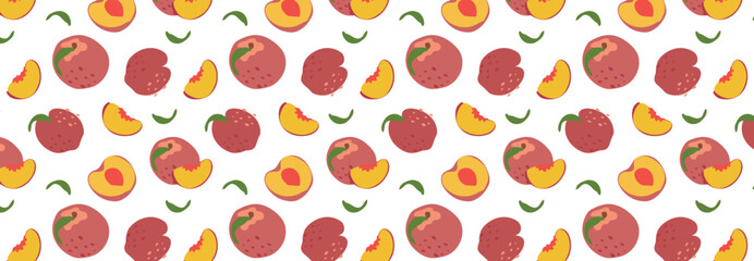 Abstract peach pattern with green leaves in flat style. Vector background. Fruit Seamless pattern. Summer time print. For juice, garden, fabric.