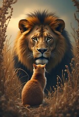 Fototapeta premium A small spotted cat gazes at its reflection in an ornate mirror, which shows the image of a majestic lion