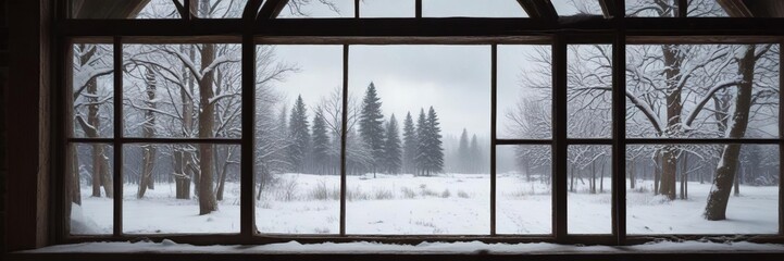Snowy winter scene viewed through vintage window, white background, window, watercolor, snowy