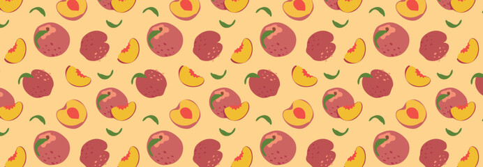Abstract peach pattern with green leaves in flat style. Vector background. Fruit Seamless pattern. Summer time print. For juice, garden, fabric.