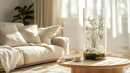 Scandinavian-inspired living room with minimalist design, featuring a cylindrical glass terrarium with moss, air plants, driftwood, soft greenery accents, light wood furniture, and natural sunlight.