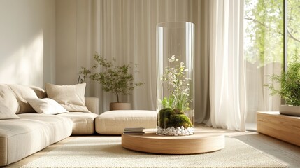 Naklejka premium Scandinavian-inspired living room with minimalist design, featuring a cylindrical glass terrarium with moss, air plants, driftwood, soft greenery accents, light wood furniture, and natural sunlight.