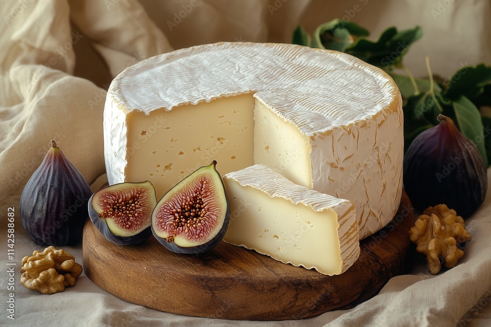 Poster delicious cheese wheel served with fresh figs and walnuts on a wooden board in a rustic setting with