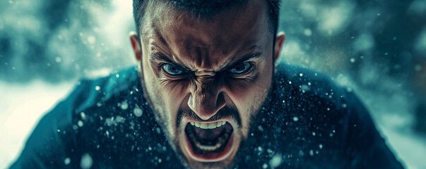 Angry man screaming under snowfall with intense expression