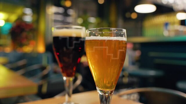 Refreshing Beverages An InDepth Look at Both Dark and Light Craft Beers in a Stylish Bar Environment