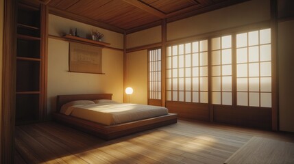 Sunlit minimalist Japanese bedroom.