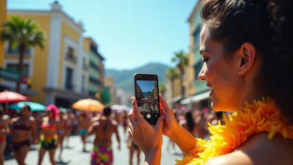 Crowds gather during Brazilian Carnival, featuring bright costumes and lively energy. A woman with a floral accessory captures the celebration on her smartphone, enjoying the festivities