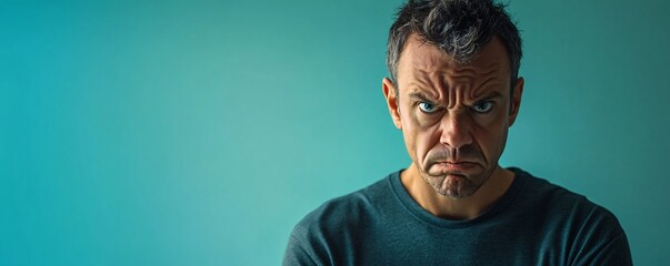 Grumpy man frowning and showing displeasure on turquoise background