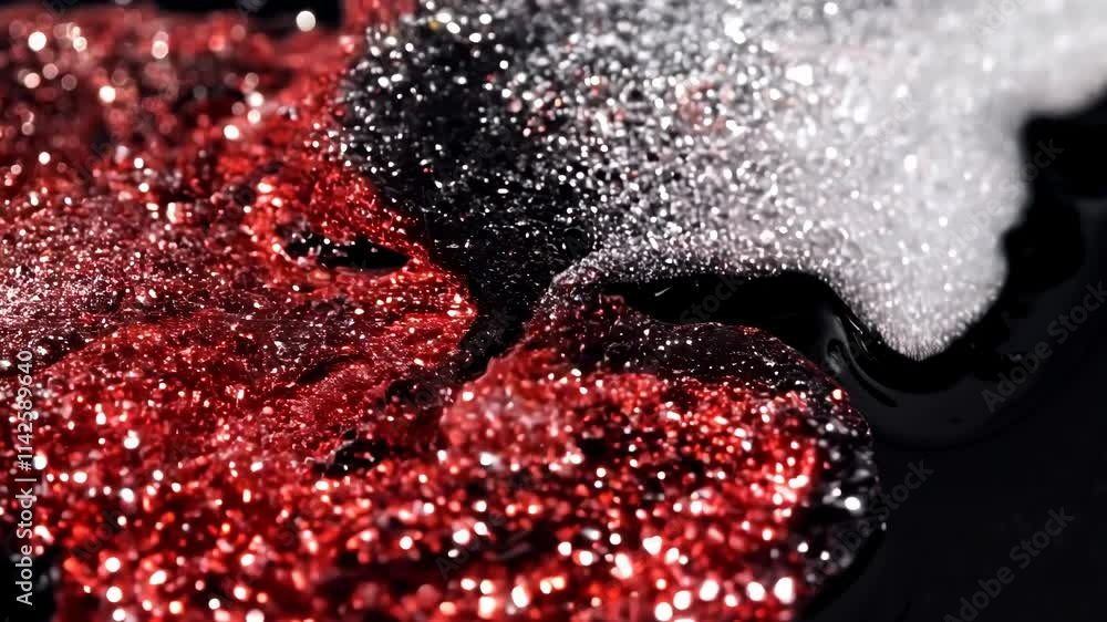 Poster dynamic drops of red and white glitter in black oil or ink diffusing through liquid, creating an abs