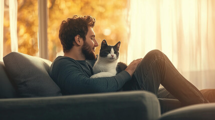 A man sits on a cozy couch with his cat in his arms, embracing it lovingly, symbolizing the special connection between them