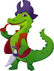 Cartoon funny crocodile pirate animal character, croc corsair smoking the pipe. Isolated vector daring reptile rover personage with a saber, sailing the high seas in search of treasure and adventure