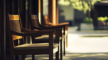 Wooden chairs with detailed craftsmanship positioned outside a restaurant entrance, inviting guests with their aesthetic allure and comfort.