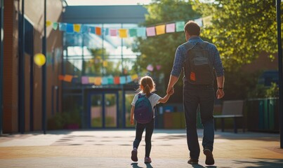 Father leading his little child school girl in first grade on the first day at school. Background features a school entrance with welcoming banners.