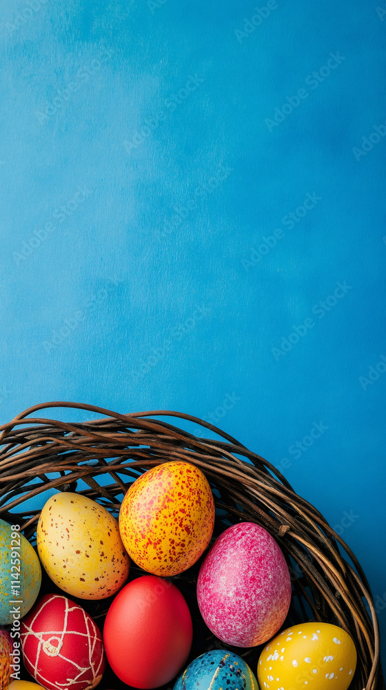 Aufkleber cheerful springtime scene with easter eggs in a rustic wicker basket against a vibrant blue backdrop