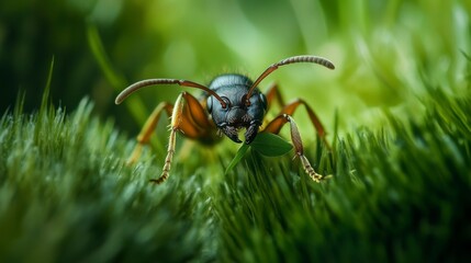Close-Up View of Ant with Leaf on Green Grass in Nature Environment