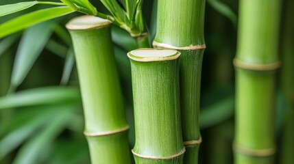 Fototapeta premium Lush Green Bamboo Stalks and Leaves Close Up