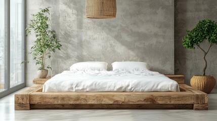A serene minimalist bedroom featuring a wooden bed frame, soft white bedding, and indoor plants. The neutral tones create a peaceful atmosphere.