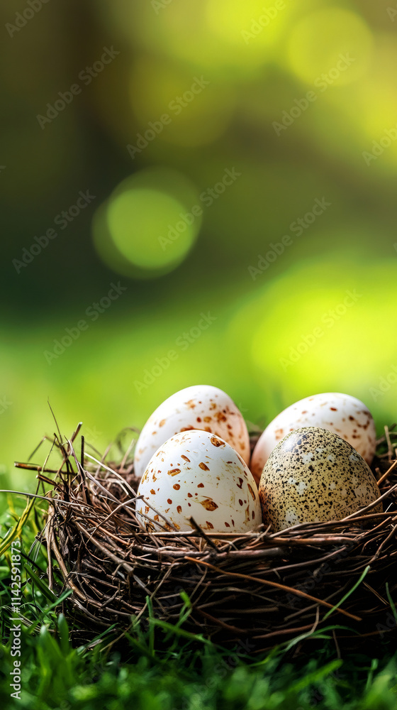 Poster easter eggs nestled in a bird's nest on lush green grass with a softly blurred background, ideal for