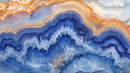 Fototapeta premium Close-up watercolor painting of a blue lace agate slab with intricate patterns, soft hues, and natural textures, highlighting the gemstone's beauty in a serene, artistic representation.