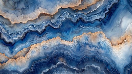 Close-up watercolor painting of a blue lace agate slab with intricate patterns, soft hues, and natural textures, highlighting the gemstone's beauty in a serene, artistic representation.