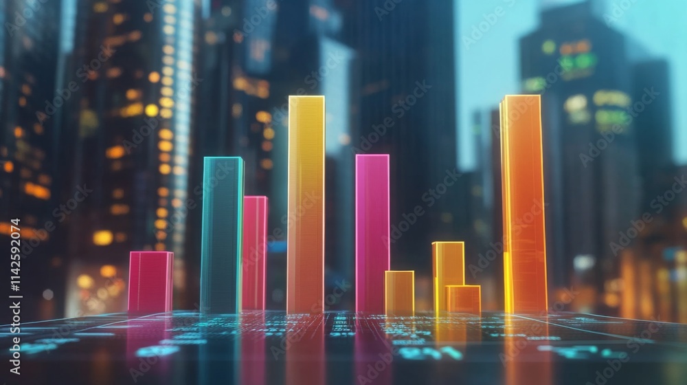 Poster Futuristic Cityscape with Colorful Data Visualization and Bar Graphs