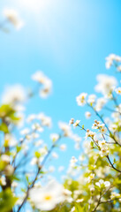 A fresh spring blue sunny sky background with blurred warm sunny glow, Diffused lighting. isolated with white highlights