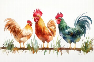 Fototapeta premium Colorful Watercolor Painting of Three Roosters on a Branch