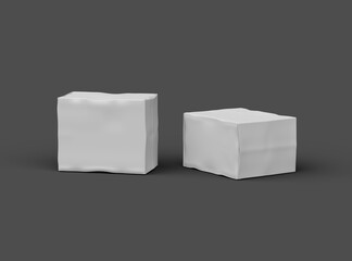 Rendered image of a small white rectangular dented box on a dark background